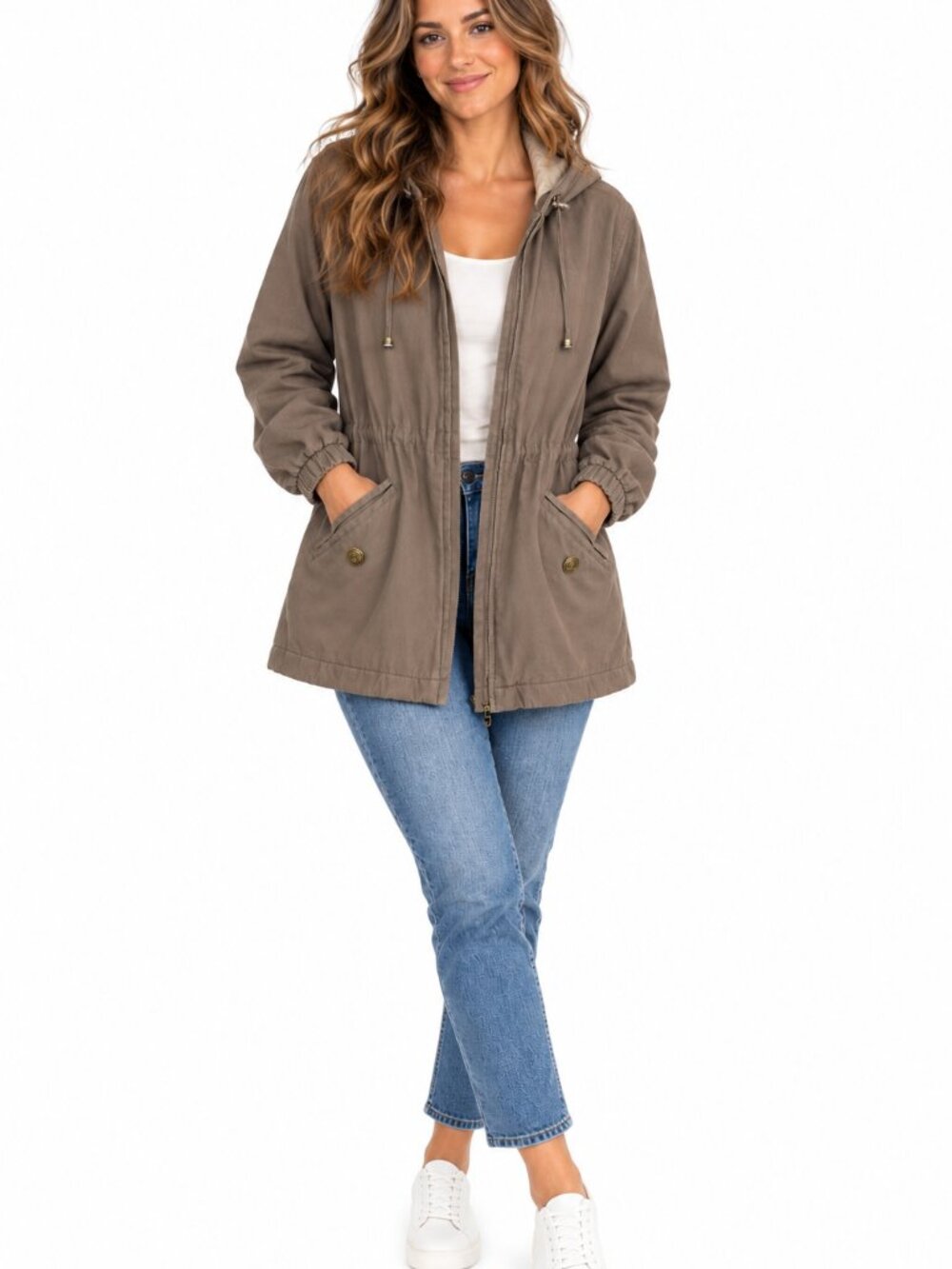 Westbound Women’s L Brown Taupe Hooded Parka Jacket Utility Anorak Long Sleeve